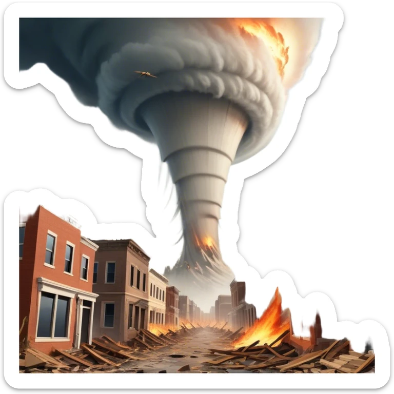 A vintage movie poster-style design with a dramatic scene of a natural disaster like an earthquake, tornado. Include crumbling buildings, flying debris and fiery explosions. The background should be chaotic, with a cinematic, apocalyptic vibe. Transparent background. sticker