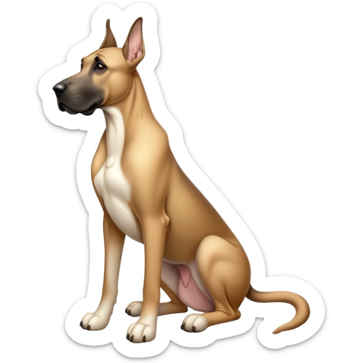 cinematic-[fawn great dane]-realistic-full-body-sitting-emoji,-tail-resting-loosely-beside-its-paws,-head-tilted-dramatically, ears down-sleek-[fawn]-fur,-simplified-yet-realistic-focused-features,-highly-detailed,-glowing-with-an-almost-sarcastic-glow sticker