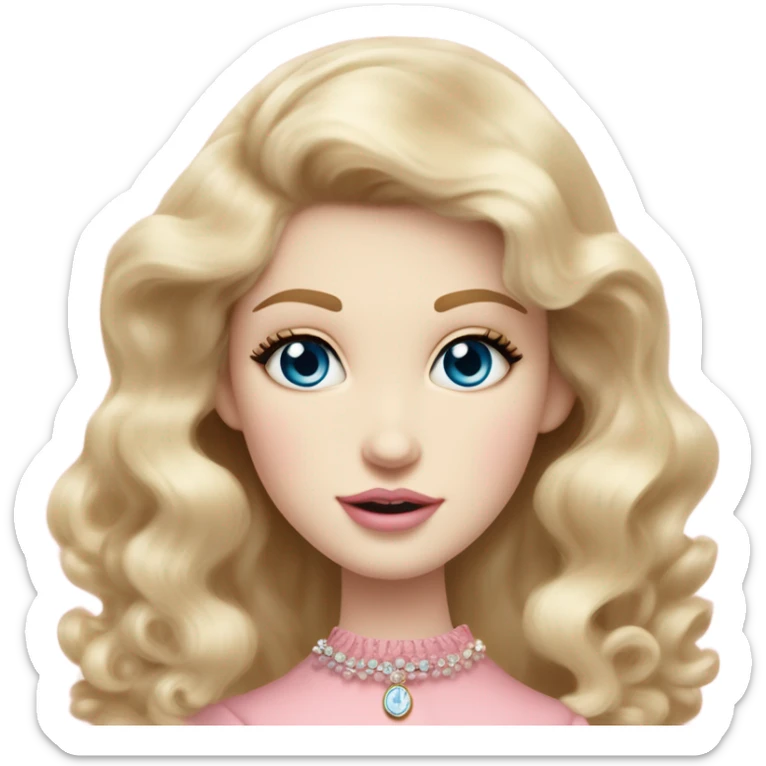 girl blonde hair pale skin blue eyes. Pink lips blush skinny nose siren eyes (model face) (but not too much). Vintage blowout with long hair not curly.  light pink dress, puffed sleeves, dainty choker necklace (think Versailles but not too much).  sticker