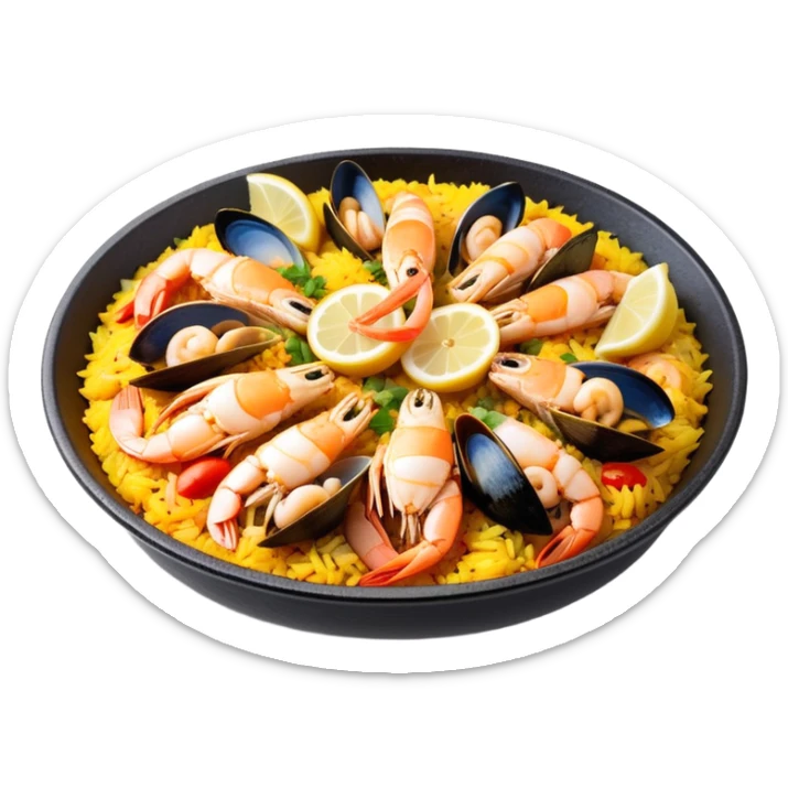 cinematic-realistic-paella-dish-emoji,-depicted-as-a-vibrant,-aromatic-rice-dish-loaded-with-seafood,-chicken,-and-saffron-rendered-with-rich-textures-and-dynamic,-warm-lighting with a lemon slice in the middle sticker