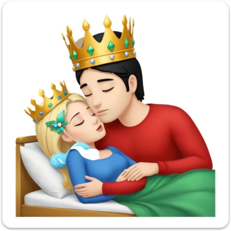 Blonde Queen with crown, Green eyes, naked, kissing man, naked, no crown, black hair, blue eyes, whole Body, Background sleeping room  sticker