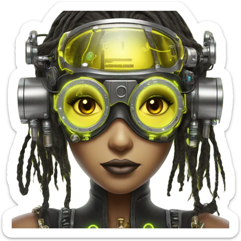 Neon yellow bobbed hair Latina female cyborg head with silver steampunk goggles and circuits sticker