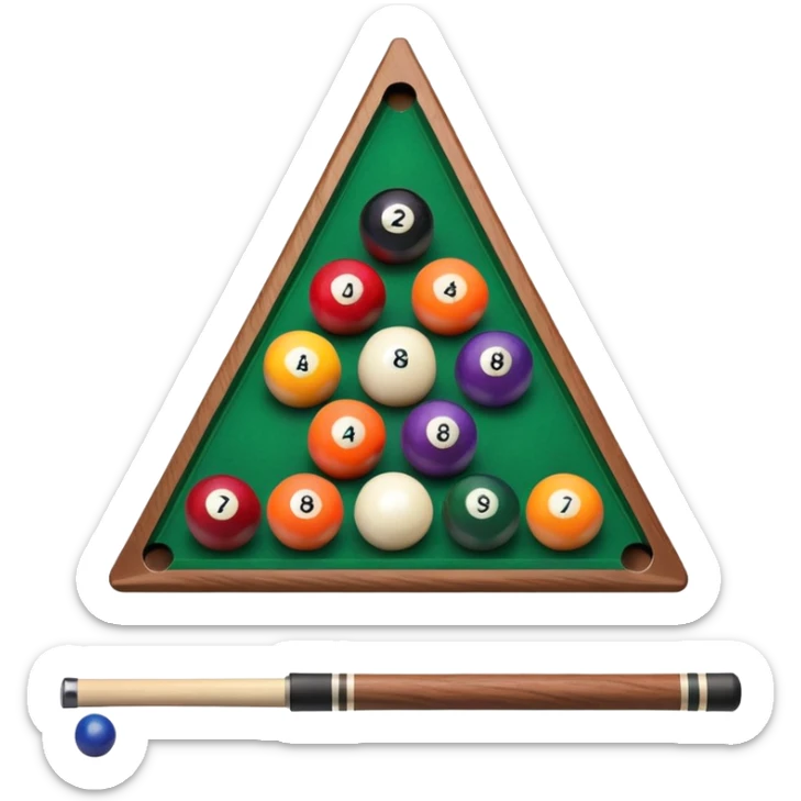 A close-up of a billiard table with a cue stick lined up to strike a colorful set of balls. The focus is on the precision of the shot, with the table’s green surface and the triangular arrangement of balls, creating a dynamic scene of strategy and concentration in the game of billiards. sticker
