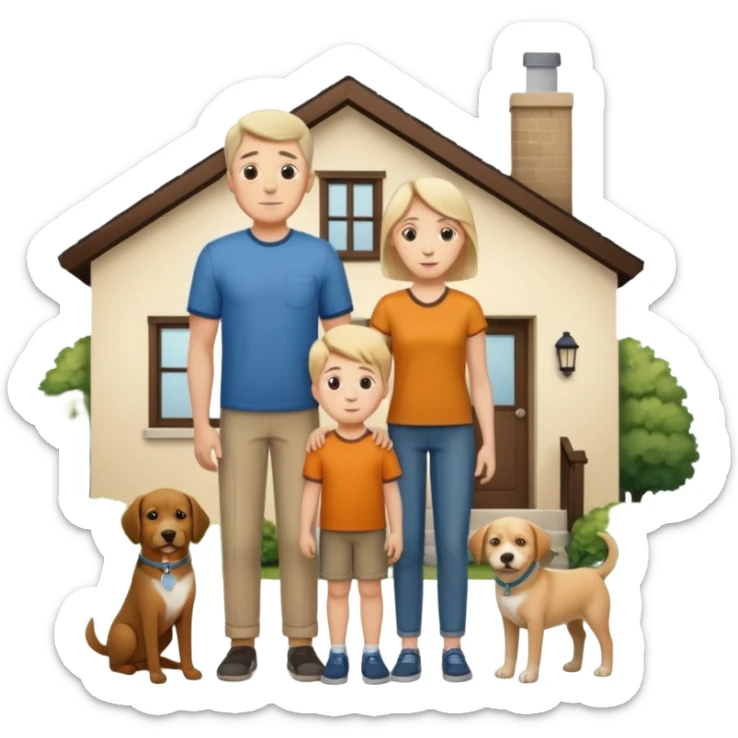 1 Father 1 Mother and 1 young boy who is half as tall as the parents, standing in front of their house with a dog next to them sticker