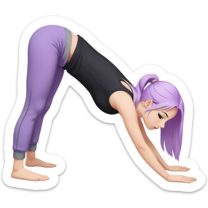 Девушка белокожая в позе собака мордой вниз, с длинными светло-лиловыми волосами, в черном топе, в серых спортивных штанах, с черными ресницами sticker