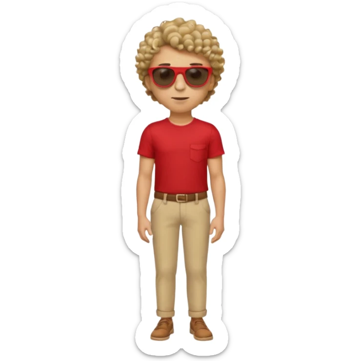 Emoji-style man in a red untucked shirt with rolled sleeves, beige trousers, and sunglasses. Short curly box-cut hair, long triangular face. Looking sideways, removing sunglasses with one hand, the other on his waist. sticker