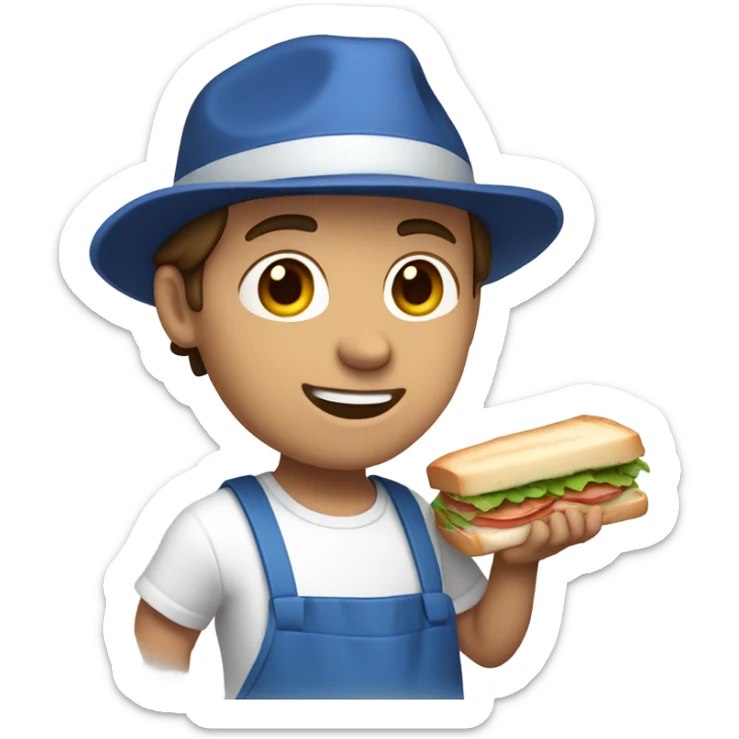 Male with brown hair and blue eyes with white shirt and blue apron with khakis and hat holding a sandwhich sticker