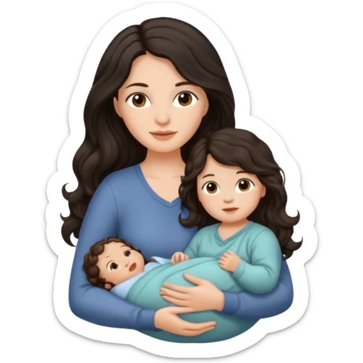 Mother long black wavy  hair  holding 1 infant brown hair fair skin sticker