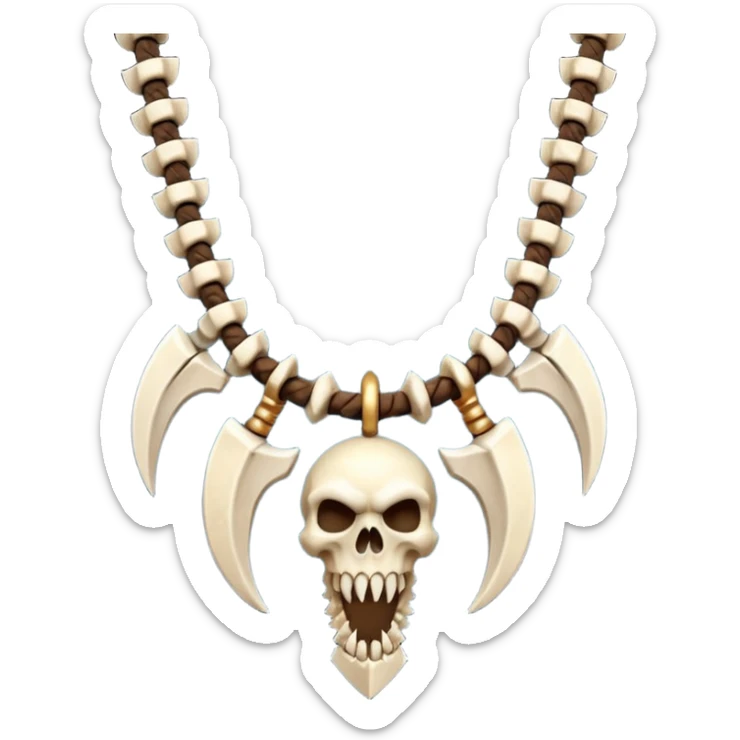 barbarian necklace object icon, necklace made of bones and fangs, rugged tribal jewelry, 3D cartoon, mobile game icon style, centered, clean background, no text, no watermark

 sticker