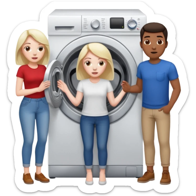 Eine Frau mit dem in der Waschmaschine feststeckt und zwei Männer die hinten an ihr ziehen um ihr zu helfen  sticker