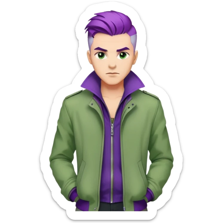 Confident man with purple hair and stylish green jacket, powerful stance like Thanos, modern fashion sticker