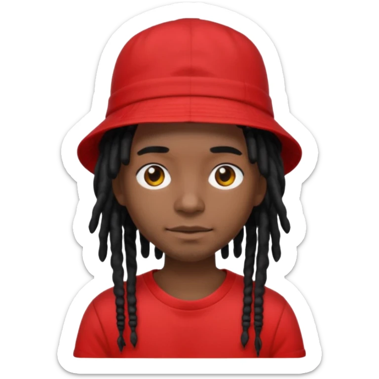 dark brown skin, black hair dreadlocks, wear red t-shirt, black bucket hat sticker