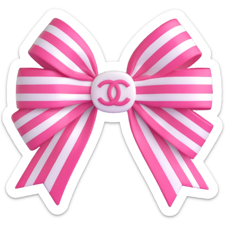 Change the bow to striped pink and white, keep the small white Chanel logo, glossy, elegant, 3D emoji style, with no background sticker