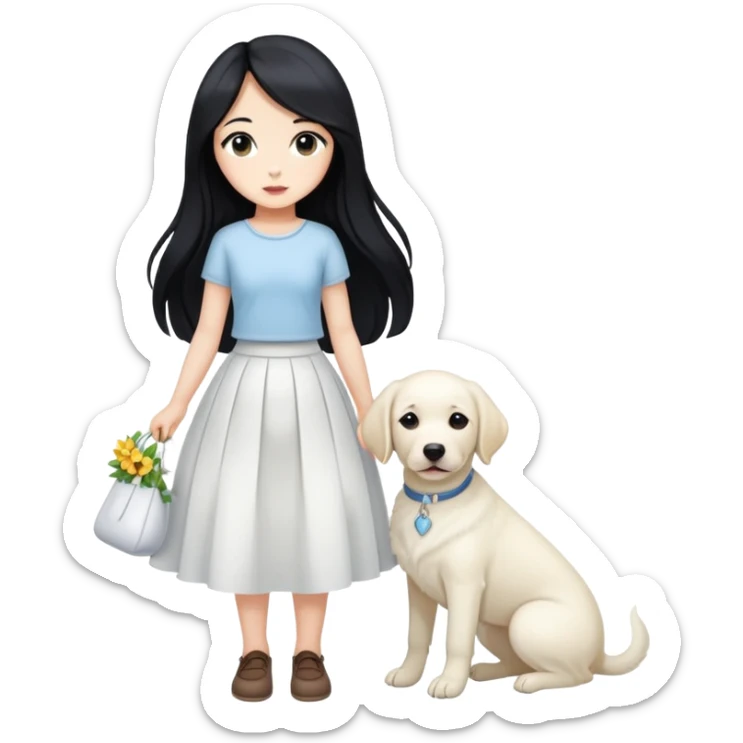 A girl with long black hair, a beautiful white skirt and fair skin is holding a white Labrador sticker