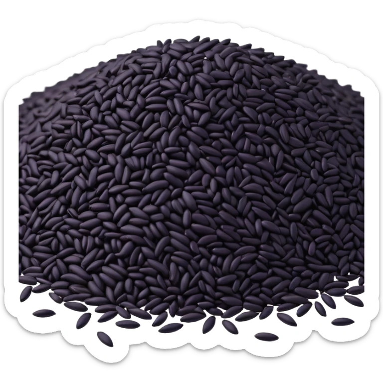 loose scatter of uncooked black rice grains, glossy elongated shape, deep purplish-black color, smooth slightly curved surface, subtle natural variations in tone, soft lighting, subtle shadows, emoji scale sticker