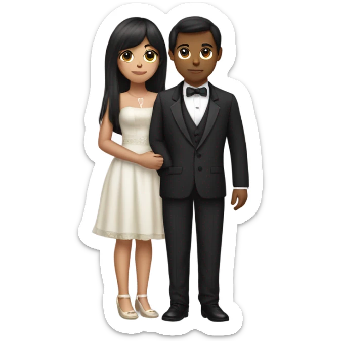 Dark brown haired girl with olive skin with straight across bangs and long hair holding a tuxedo cat sticker