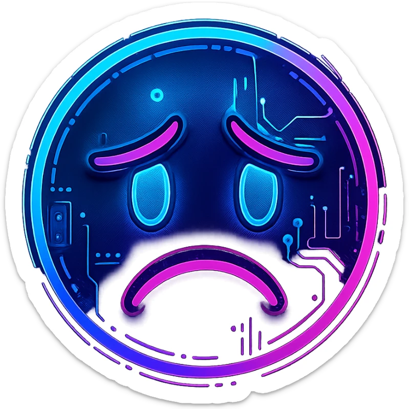 cyberpunk style emoji face with a sad expression, neon colors, futuristic details sticker
