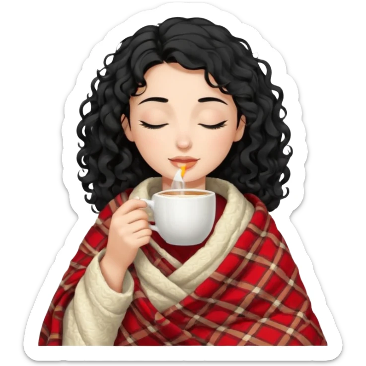 Gözleri kapalı, beyaz tenli ve dalgalı-kıvırcık siyah saçlı saç boyu orta omuzlarının biraz aşağısında bir kadın avatar, battaniyeye sarılmış halde beyaz bir Türk kahvesi fincanından içeceğini huzurla yudumluyor. sticker