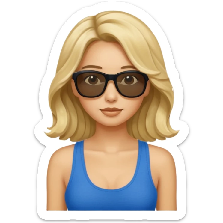 an olive tan woman with long, wavy blonde hair in a blue tank top wearing skinny black rectangular sunglasses sticker
