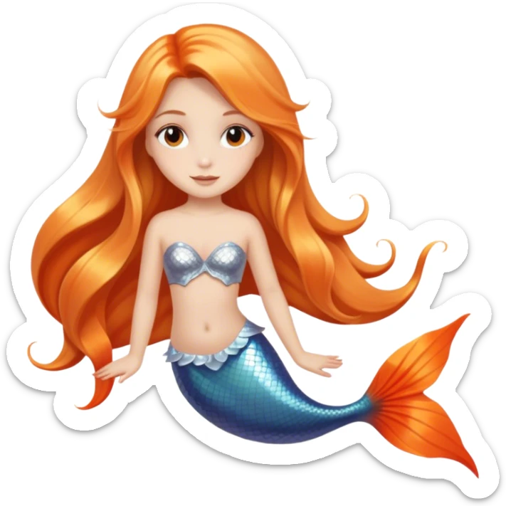 Girl with dark long blonde hair silver eyes and orange mermaid tail sticker