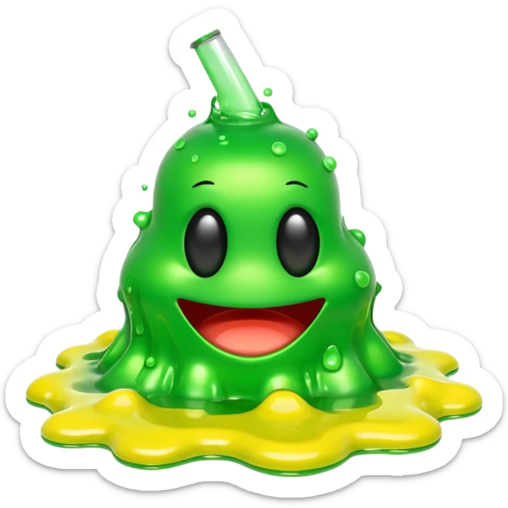 3D render of Green Ooze Puddle, toxic waste aesthetic, neon green bubbling liquid, caution yellow metal, industrial warning texture, Apple emoji style, isolated on white background --v 6.0 sticker