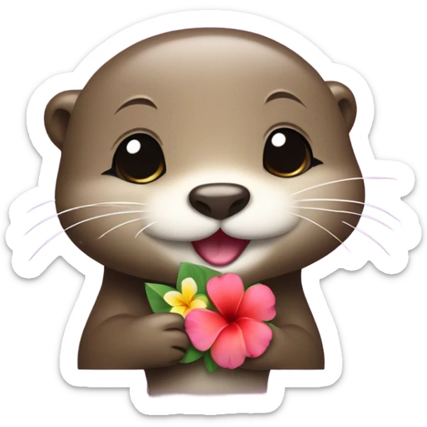 A happy and cute otter face with a Hawaiian flower tucked behind its ear, holding a heart. sticker