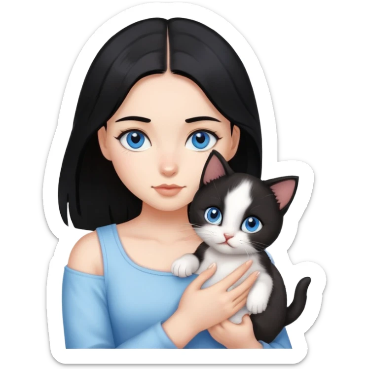 A A girl with black hair and blue eyes is holding a kitten sticker