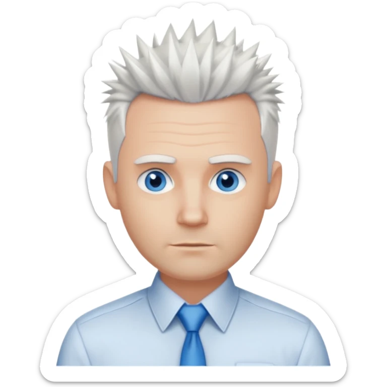 40 yr old white man short white spike hair dress shirt blue eyes no smile sticker