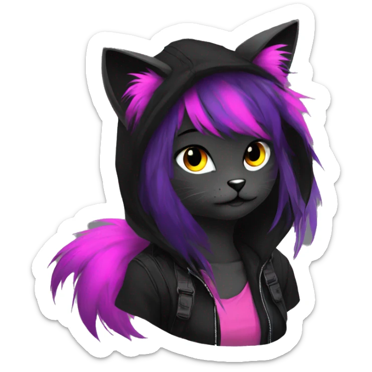 Edgy Shy Anthro cool pretty colorful dark cat-fursona techwear punk black emo-mane sticker