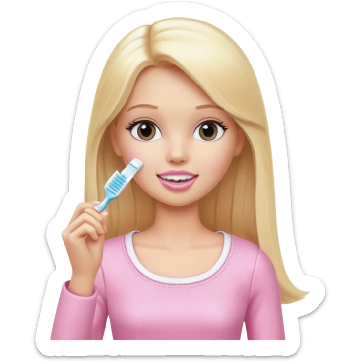 A white Barbie girl with long blonde straight hair in pale pink clothes brushes her teeth sticker