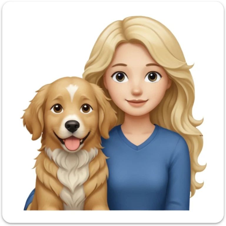 20-year-old woman with very long, wavy, blonder dirty blonde hair with brown highlights and dark blue eyes, sitting beside an English cream golden retriever, sunset background, relaxed and happy mood sticker