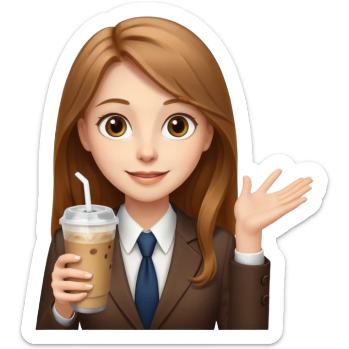 Women in front of laptop with a happy face, long light brown hair, light brown big eyes, light pale skin with a iced coffee on the side, business attire sticker