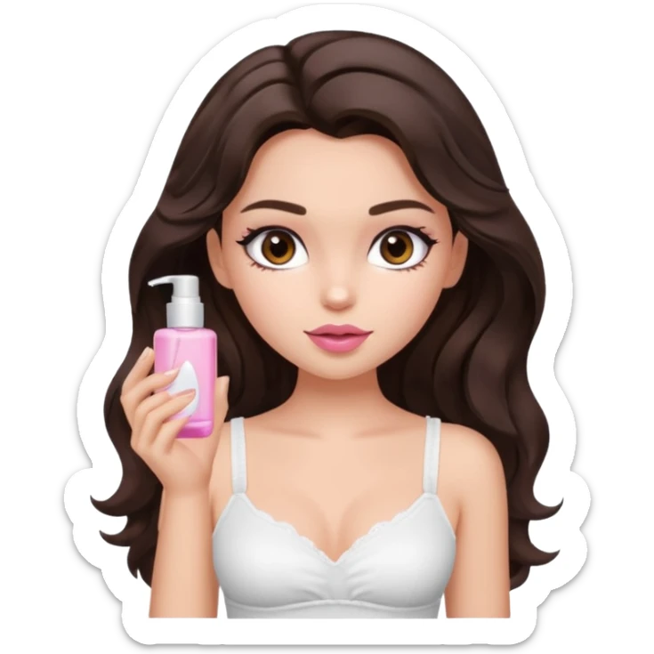 generate a pretty fair bratz girl with dark brown eyes. Dark brown hair wavy hair. light pink lipgloss. white cami top. doing skincare.  sticker