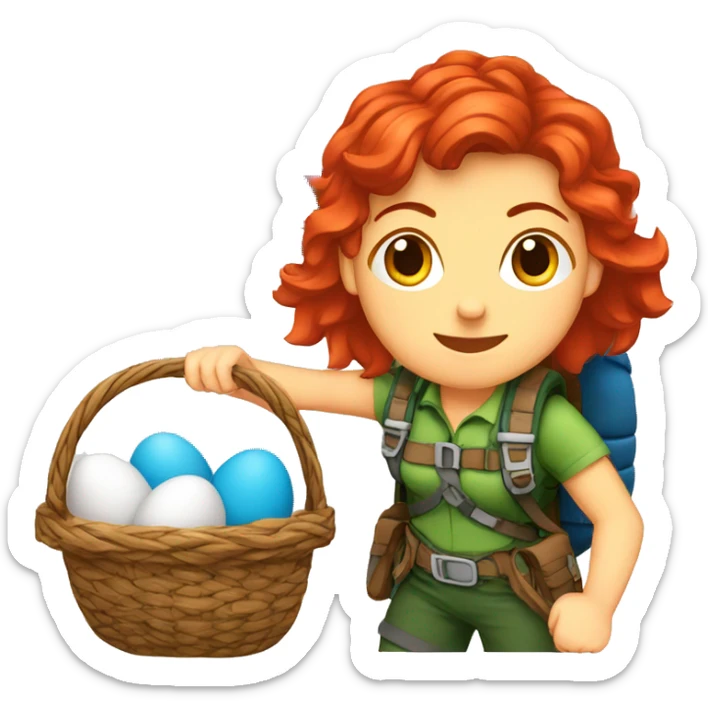 Female mountaineer red hair climbing with Easter eggsbasket and Greek flag sticker