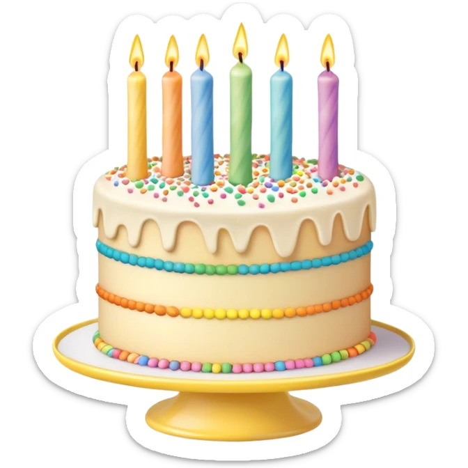  beige and white vanilla birthday cake with candles and rainbow sprinkles, on a yellow cake stand sticker