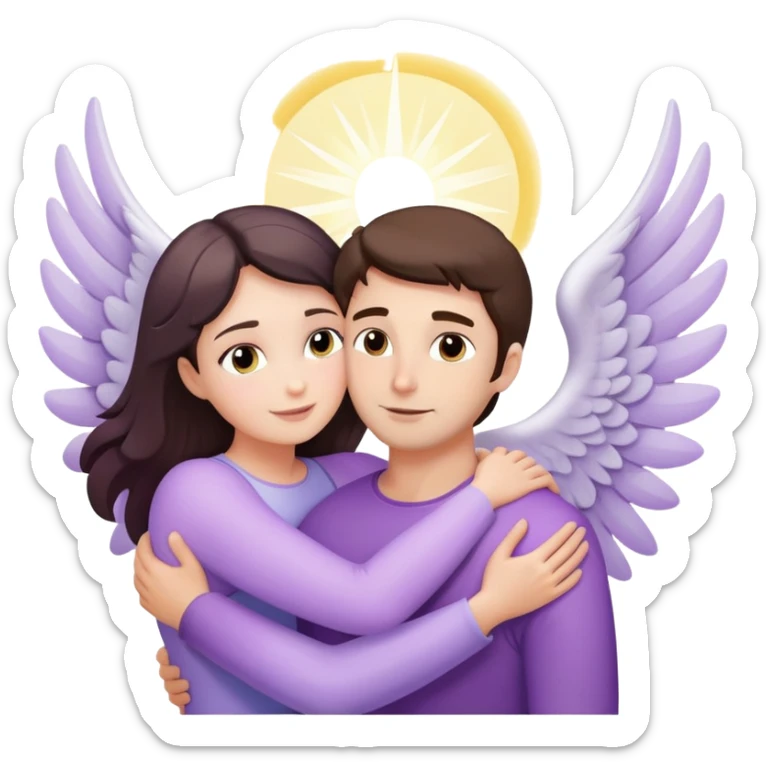 a pastel purple angel woman hugs White brunette man human rays of light sticker