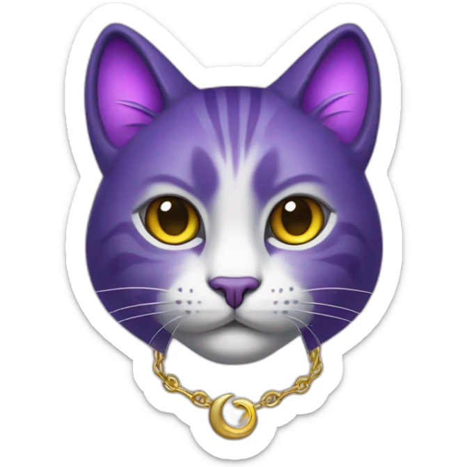 Purple cat with golden crescent moon pendant, dark purple fur on all paws, black eyes and white glowing pupils sticker