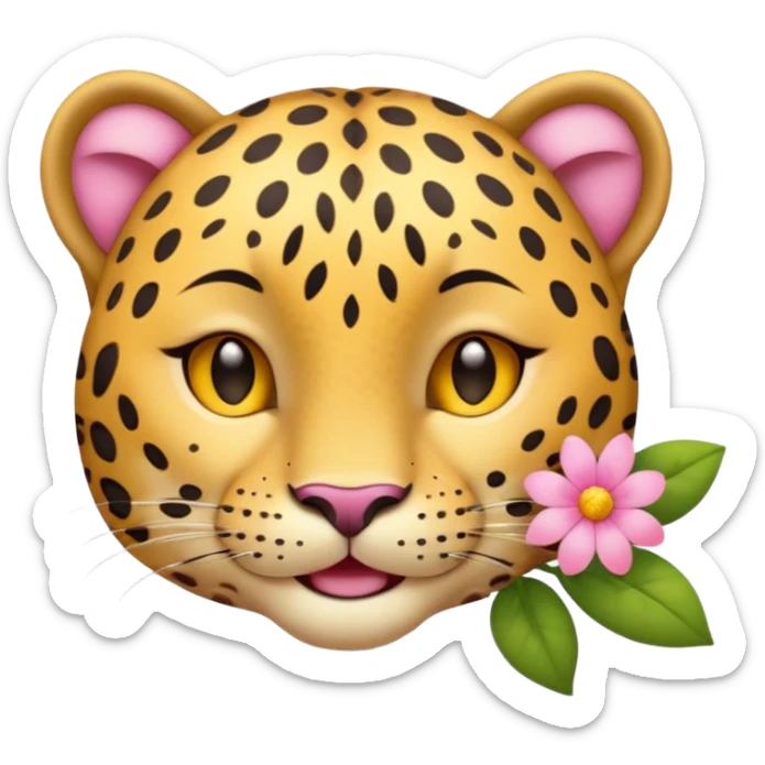 A leopard with eyes closed and a peaceful smile. A pink flower with a yellow center is tucked behind its right ear
 sticker