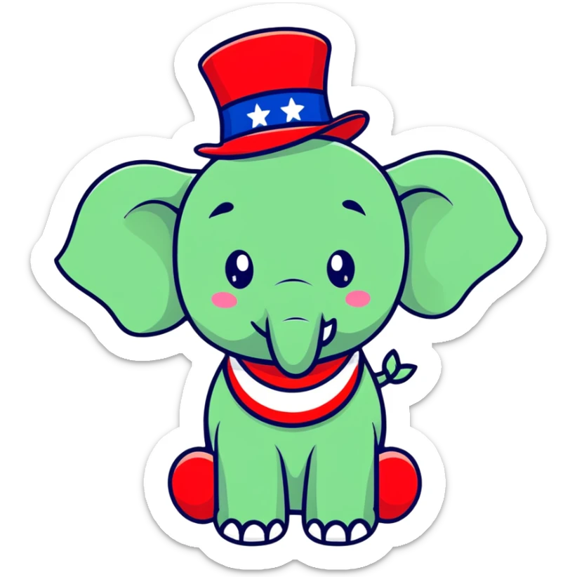 cute red elephant, cartoon style, simple and round like iOS emoji, wearing a patriotic top hat, ideal for digital stickers sticker