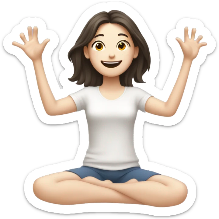 Happy pale girl wakes up in bed and stretches hands up in the air  sticker
