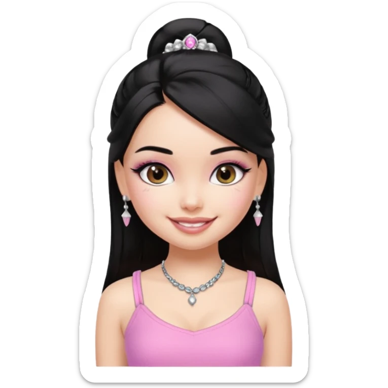 generate a pretty bratz girl with a pink cami top, straight black hair, silver jhumkas on sticker