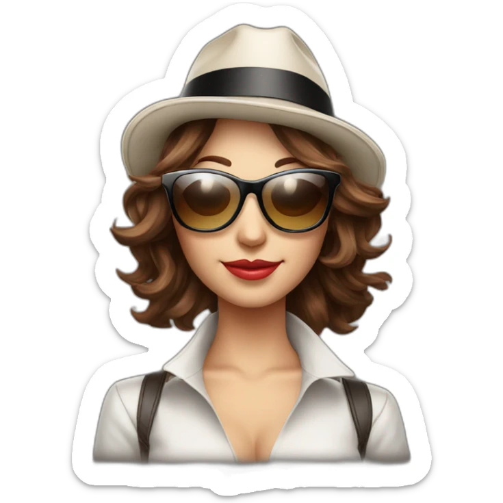 sunglasses on female head with wavy brown hair and a poker dealer hat, playing blackjack sticker