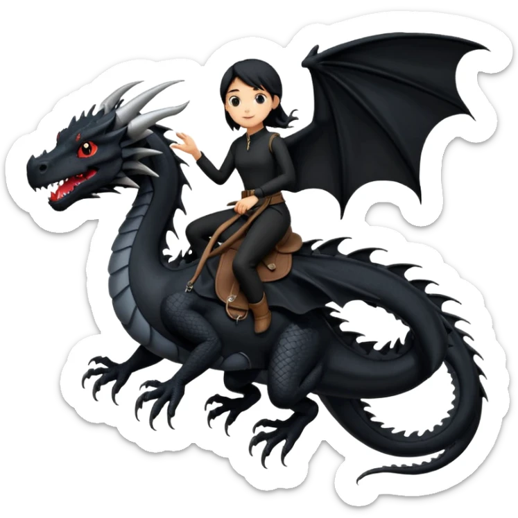 Extreme huge black dragon flying with a small female rider on top of it with black clothes sticker