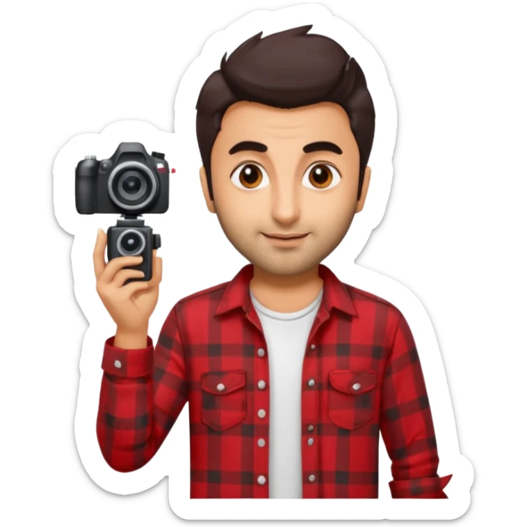 generate a pretty bratz emoji 
Make her look like Ranbir kapoor wearing a red flannel shirt,with white tee underneath. smirking and carrying a camera

he should look exactly  like ranbir kapoor!  sticker