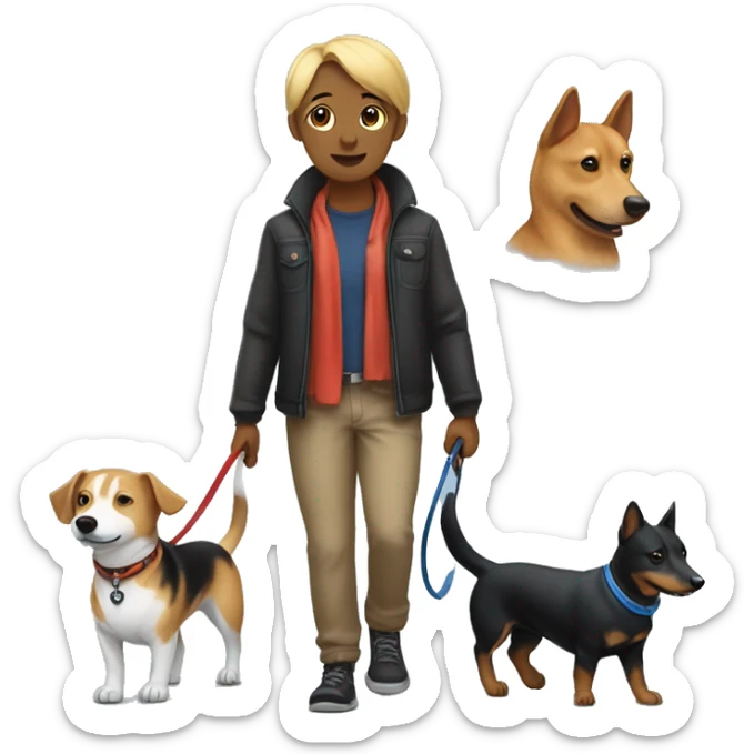 Me walking with two dogs. One is black male dachshund with blue collar and leash. The other one is a female like a shiba inu, but more messy and hairy. Has black bandana collar sticker