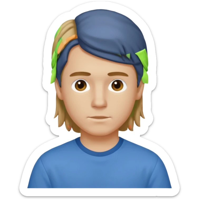 boy with dark blonde hair in a mullet with a neat blue shirt sticker