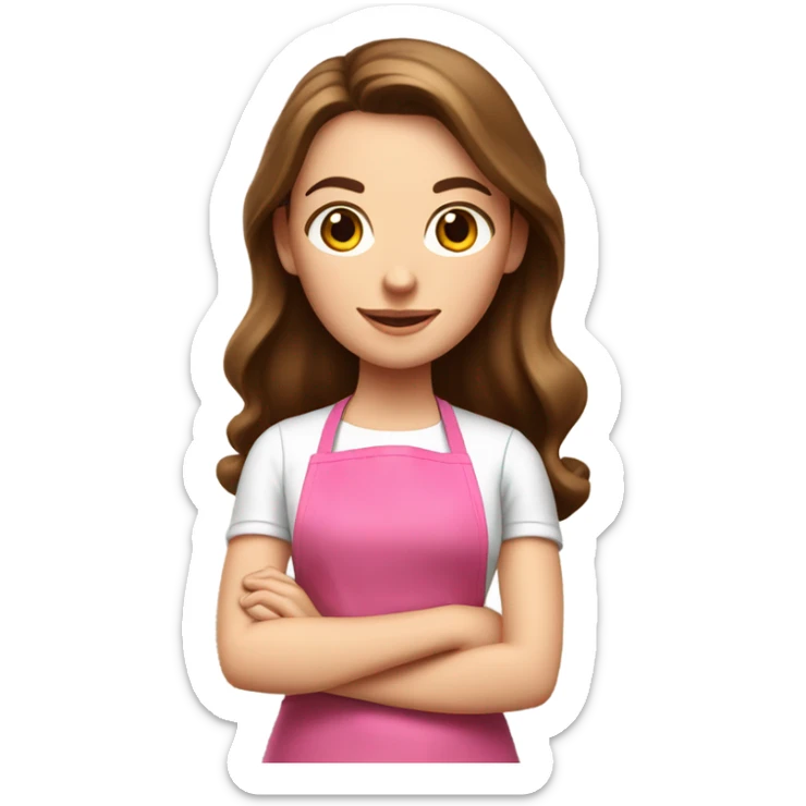 a white girl with long brown hair cooking in a pink apron sticker
