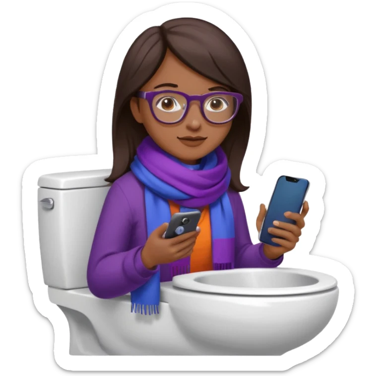 Fille châtain foncé avec lunettes. Elle porte une grosse écharpe violette, bleu et orange. Elle assise dans une cuvette de toilette. Téléphone en main. Realiste sticker
