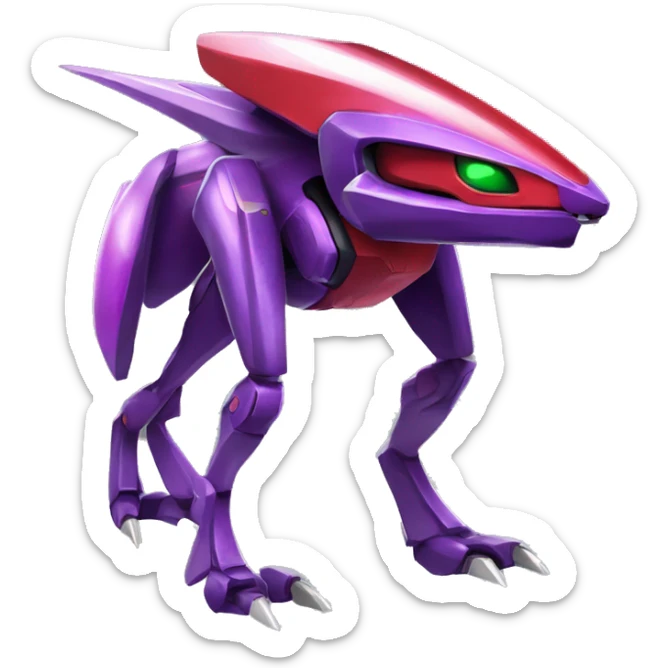 a shiny purple-green-red Genesect-Raptor-Fakémon—hybrid with a futuristic visor-helmet full body sticker