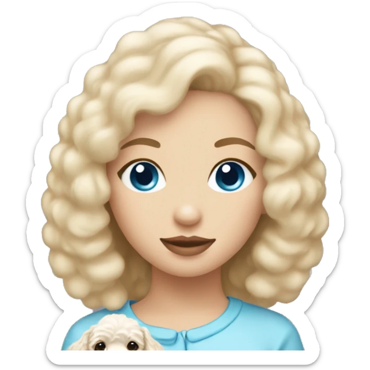 lady with straight blonde hair and blue eyes holding a fluffy poodle puppy sticker